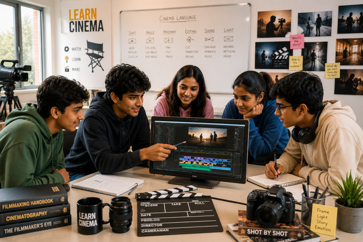 Students reviewing a film edit together in a Learn Cinema session